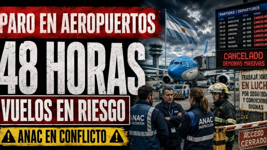 Conductor en el estudio de noticias de Info del Plata Noticias presentando informe sobre el paro nacional de 48 horas en aeropuertos y el reclamo salarial de ATE.