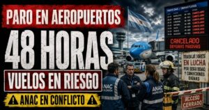 Conductor en el estudio de noticias de Info del Plata Noticias presentando informe sobre el paro nacional de 48 horas en aeropuertos y el reclamo salarial de ATE.