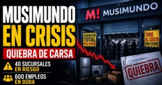 Conductor en el estudio de noticias de Info del Plata Noticias presentando informe sobre la quiebra de Carsa S.A. (Musimundo) y los 600 empleos en peligro.