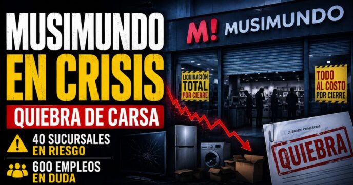 Conductor en el estudio de noticias de Info del Plata Noticias presentando informe sobre la quiebra de Carsa S.A. (Musimundo) y los 600 empleos en peligro.