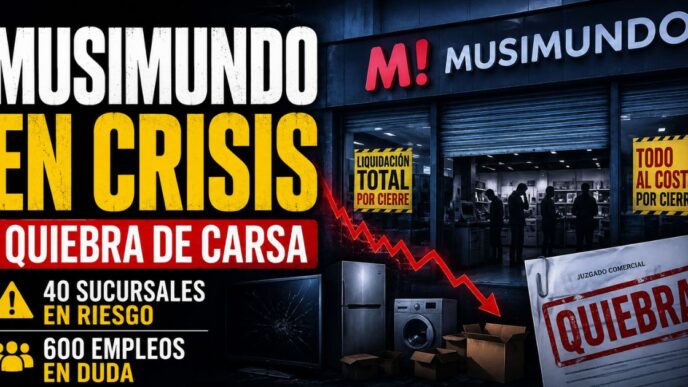 Conductor en el estudio de noticias de Info del Plata Noticias presentando informe sobre la quiebra de Carsa S.A. (Musimundo) y los 600 empleos en peligro.