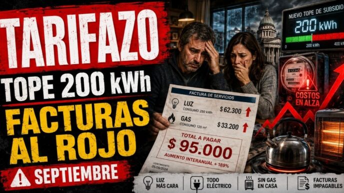 Conductor en el estudio de noticias de Info del Plata Noticias presentando informe sobre el tope de 200 kWh en las tarifas de luz y los aumentos de septiembre.