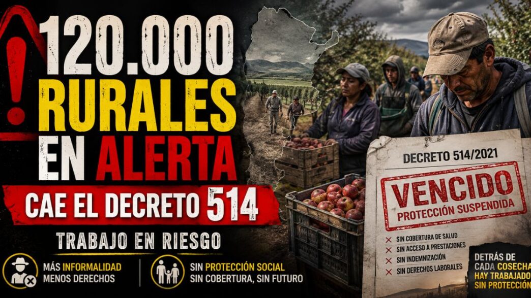 Conductor en el estudio de noticias de Info del Plata Noticias presentando informe sobre los 120.000 trabajadores rurales en peligro por el vencimiento del Decreto 514.