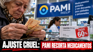 Jubilada en una farmacia revisando una receta ante el recorte de medicamentos de PAMI