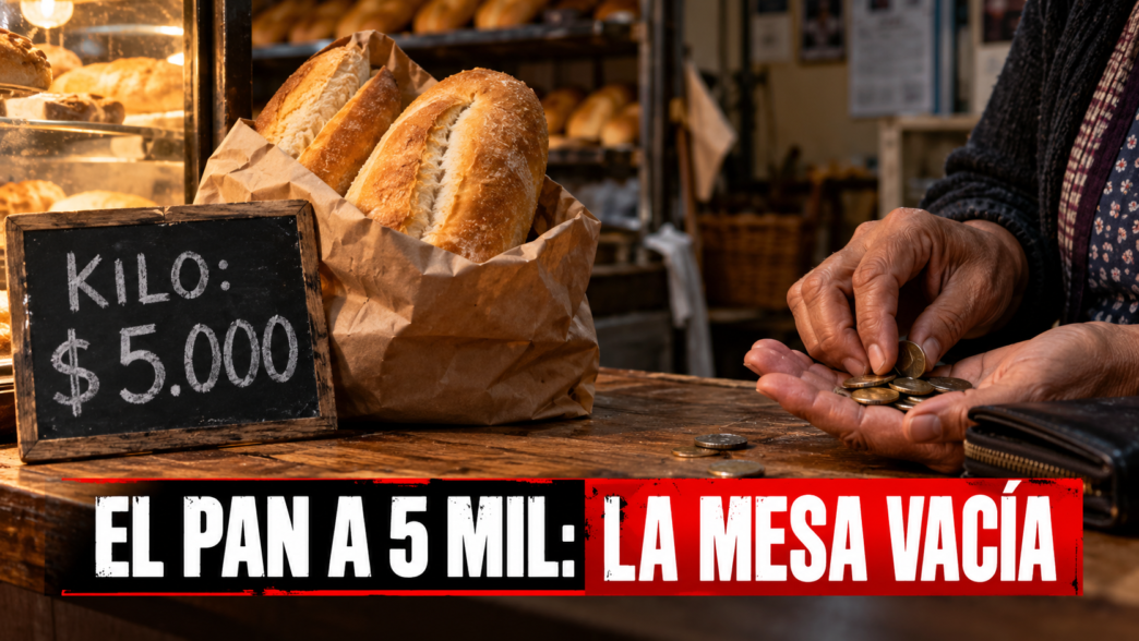 Mostrador de panadería con balanza marcando el aumento del precio del pan a 5000 pesos