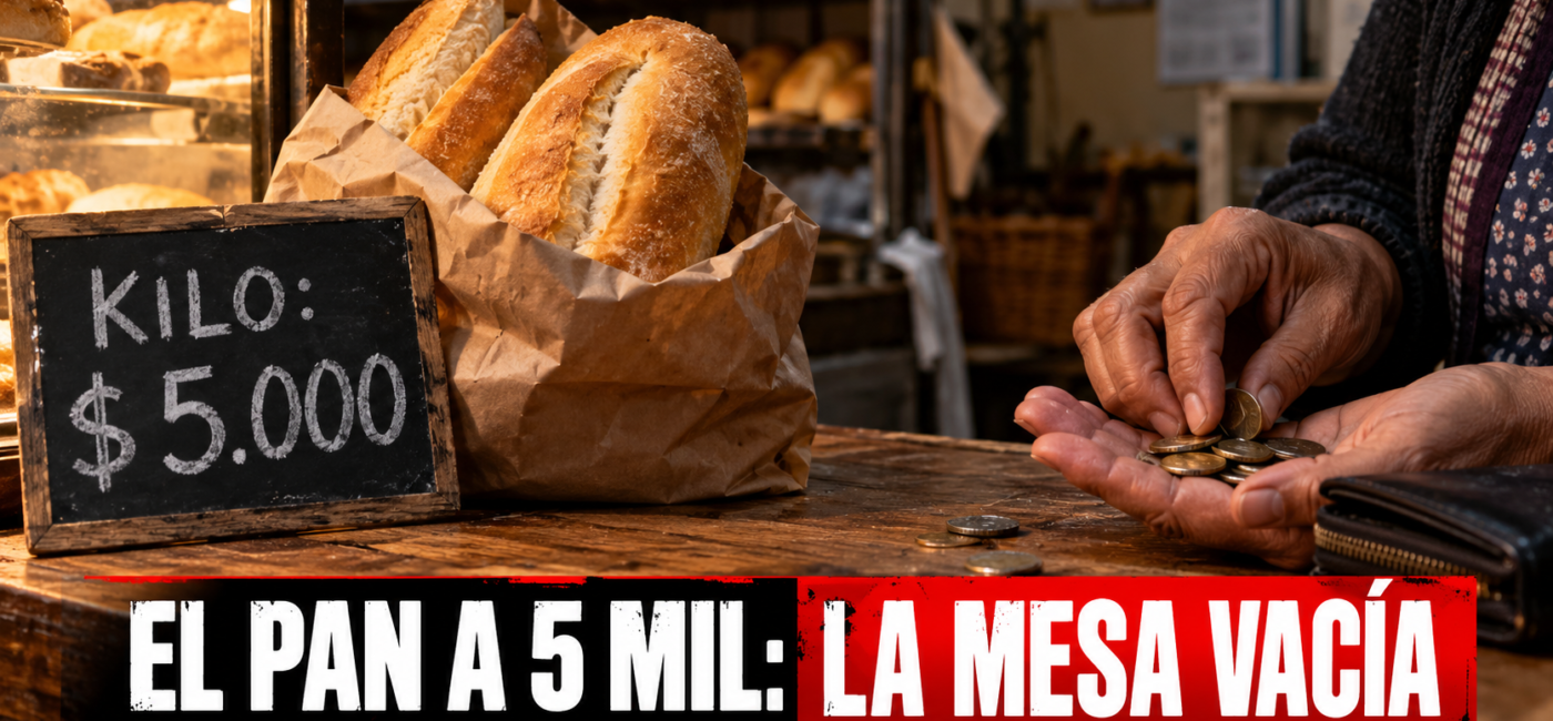 Mostrador de panadería con balanza marcando el aumento del precio del pan a 5000 pesos