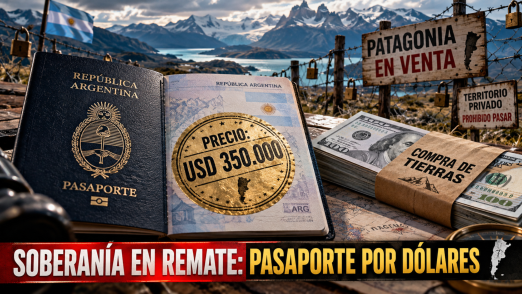 Pasaporte argentino junto a fajos de dólares y un mapa de tierras rurales en venta