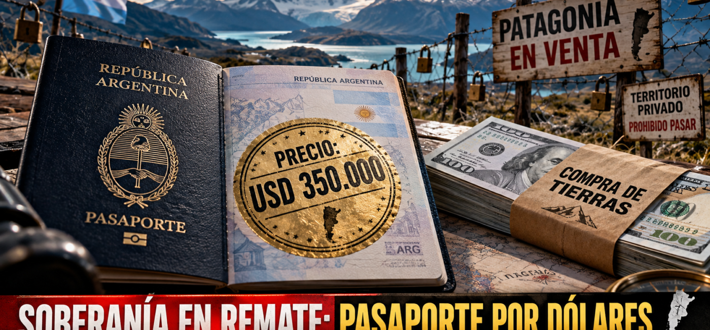 Pasaporte argentino junto a fajos de dólares y un mapa de tierras rurales en venta