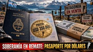 Pasaporte argentino junto a fajos de dólares y un mapa de tierras rurales en venta