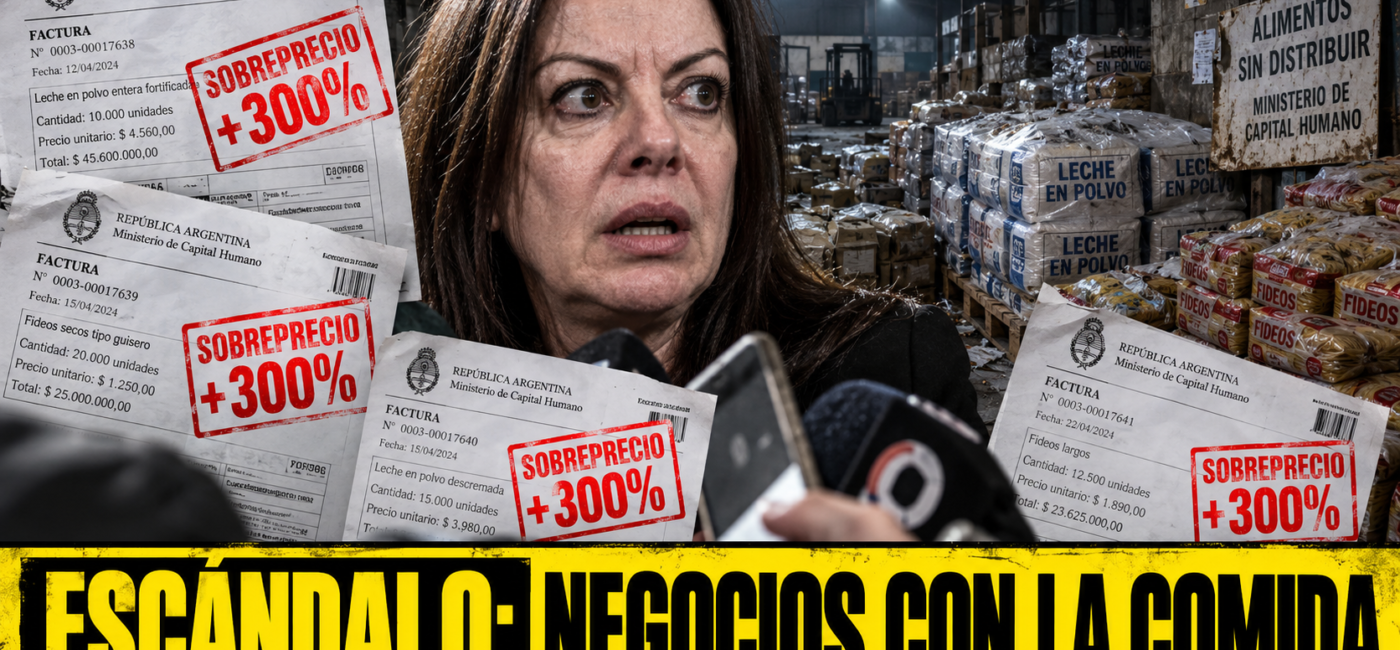 Galpón con cajas de comida retenidas y documentos de sobreprecios en alimentos de Capital Humano