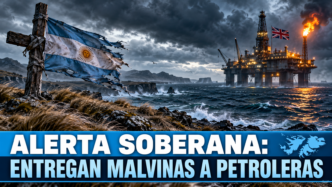 Plataforma petrolera extranjera extrayendo crudo frente a las Islas Malvinas bajo protección colonial