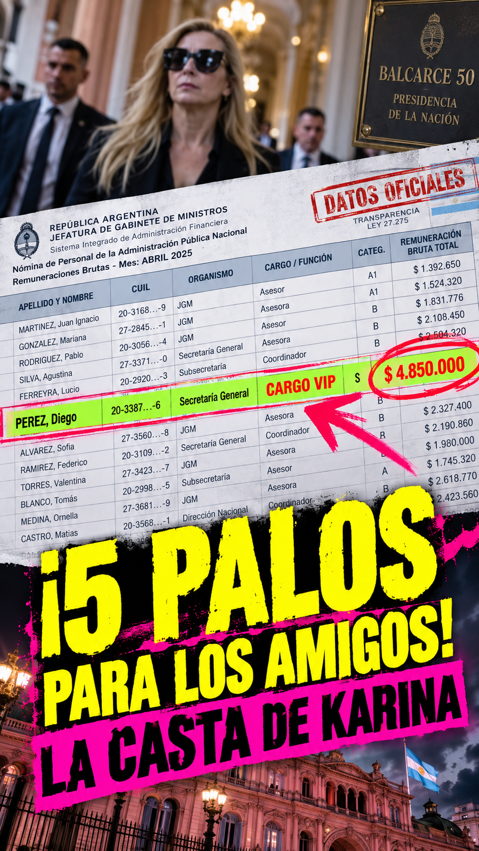 Planillas oficiales con expedientes de contratos millonarios de Karina Milei en la Casa RosadaPlanillas oficiales con expedientes de contratos millonarios de Karina Milei en la Casa Rosada