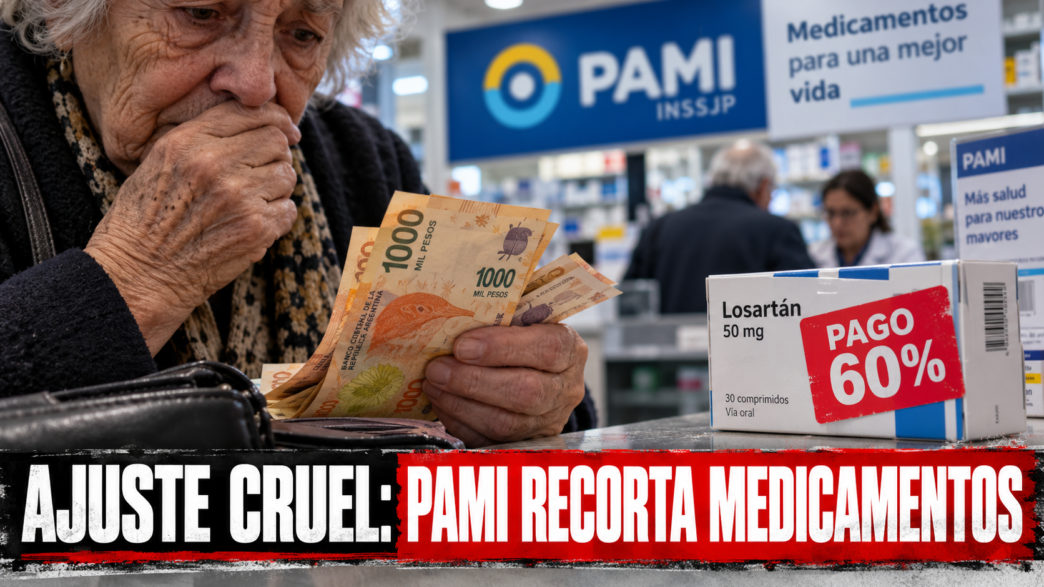 Jubilada en una farmacia revisando una receta ante el recorte de medicamentos de PAMI