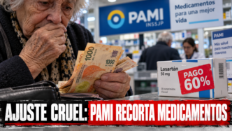 Jubilada en una farmacia revisando una receta ante el recorte de medicamentos de PAMI