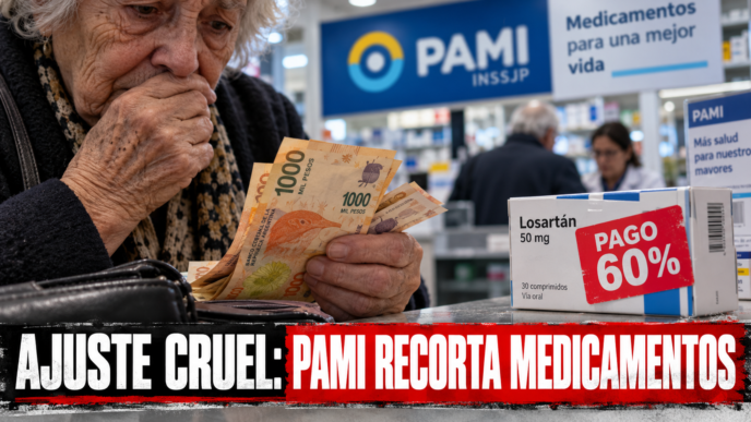 Jubilada en una farmacia revisando una receta ante el recorte de medicamentos de PAMI