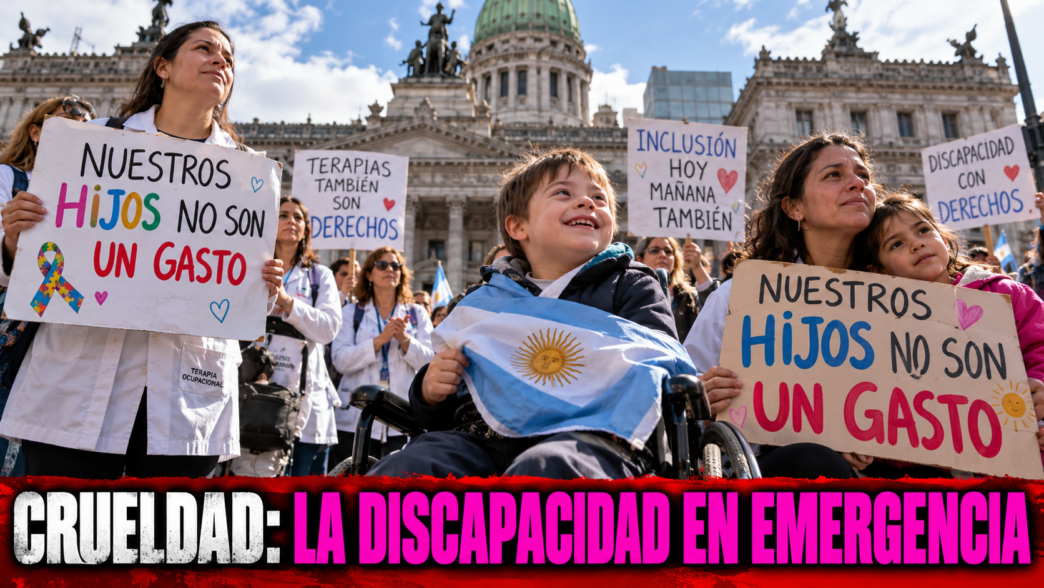 Familias y prestadores marchando con carteles por la emergencia en discapacidad frente al Congreso